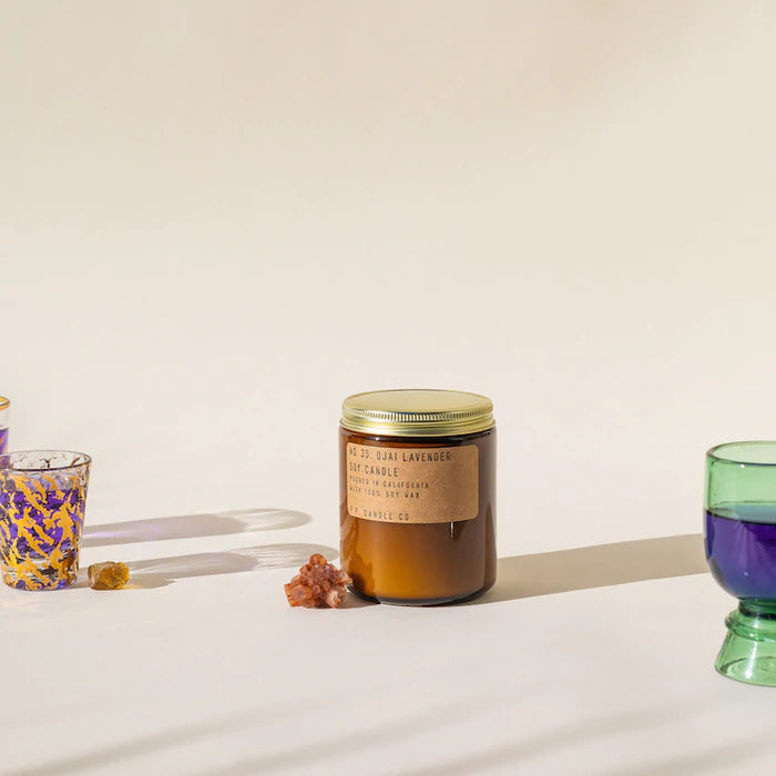 Ojai Lavender soy wax candle in amber glass jar, by PF Candle , available at cuemars.com