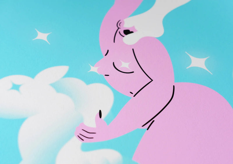 Naked woman riding a cloud in the shape of a white horse surrounded by white stars, gliclee print by Marylou Faure available at cuemars.com