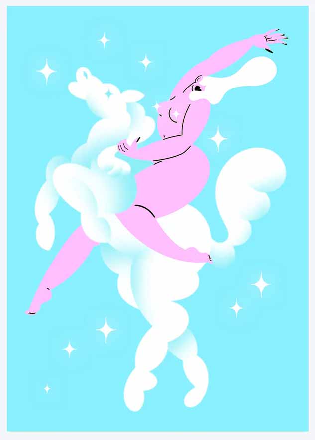 Naked woman riding a cloud in the shape of a white horse surrounded by white stars, gliclee print by Marylou Faure available at cuemars.com