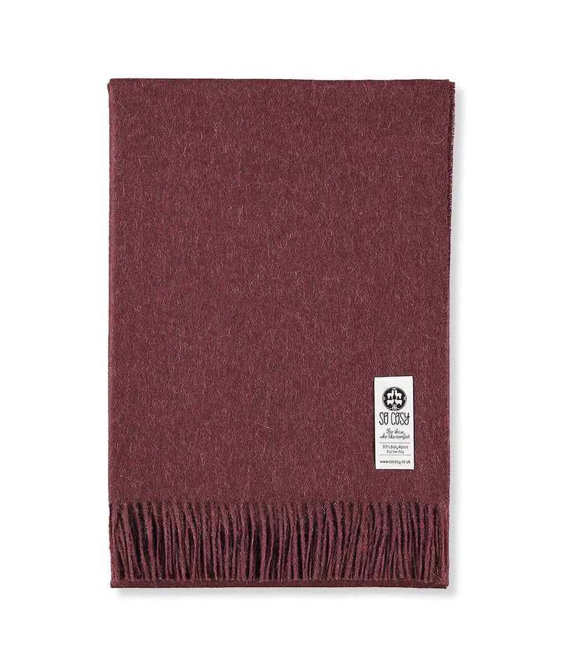 Woven Burgundy Baby Alpaca soft blanket designed in the UK by So Cosy