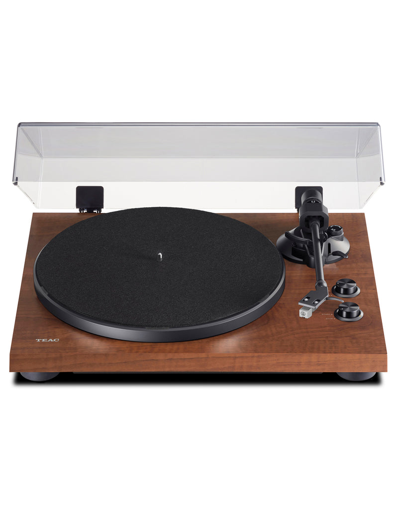 Walnut turntable with engraved logo TEAC on the left hand side, metallic finishes
