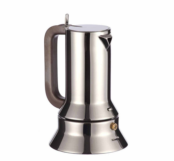 Award winning Alessi Espresso Maker 9090 in stainless steel with a black handle by Richard Sapper