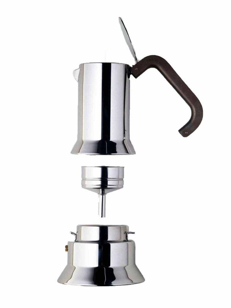 Award winning Alessi Espresso Maker 9090 components in stainless steel with a black handle by Richard Sapper