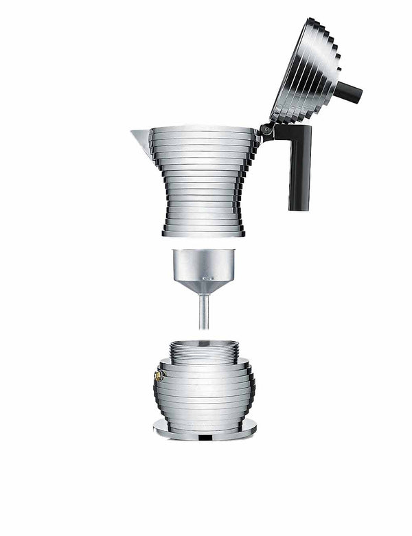 Components of Alessi Pulcina Espresso Maker in aluminium cast with a black handle and knob in the shape of a chick or pulcina in italian