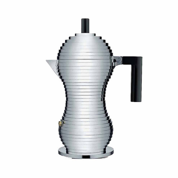Alessi Pulcina Espresso Maker in aluminium cast with a black handle and knob in the shape of a chick or pulcina in italian