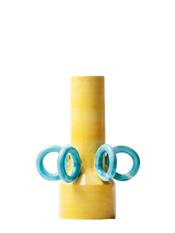 yellow vase with big blue rings as decoration, handmade by italian ceramicist arianna de luca. available at www.cuemars.com