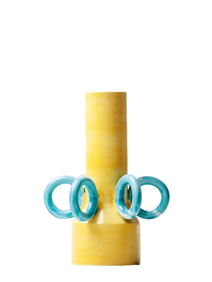 yellow vase with big blue rings as decoration, handmade by italian ceramicist arianna de luca. available at www.cuemars.com