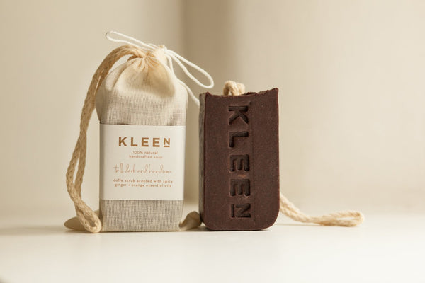 Coffee handmade natural soap on a cotton rope by natural skincare brand Kleen soaps and cotton soap travel bag