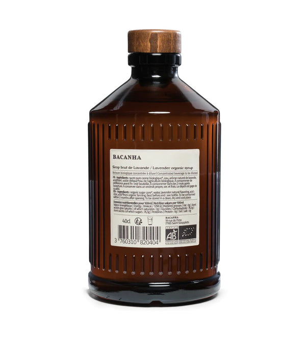 amber glass bottle engraved with a sticker with a list of ingredients. Organic Raw Syrup by Bacanha available at www.cuemars.com