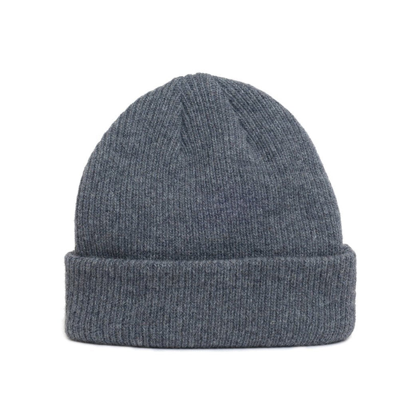 Close up of natural merino wool beanie hat in dark grey