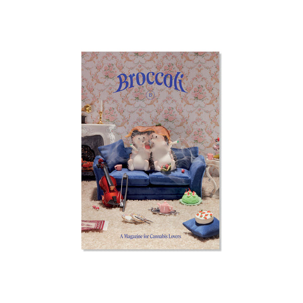 Cover of Broccoli Magazine Issue 15 with two hedgehogs smoking weed on a blue sofa surrounded by cakes and a violin. By US based Broccoli Magazine, available at www.cuemars.com