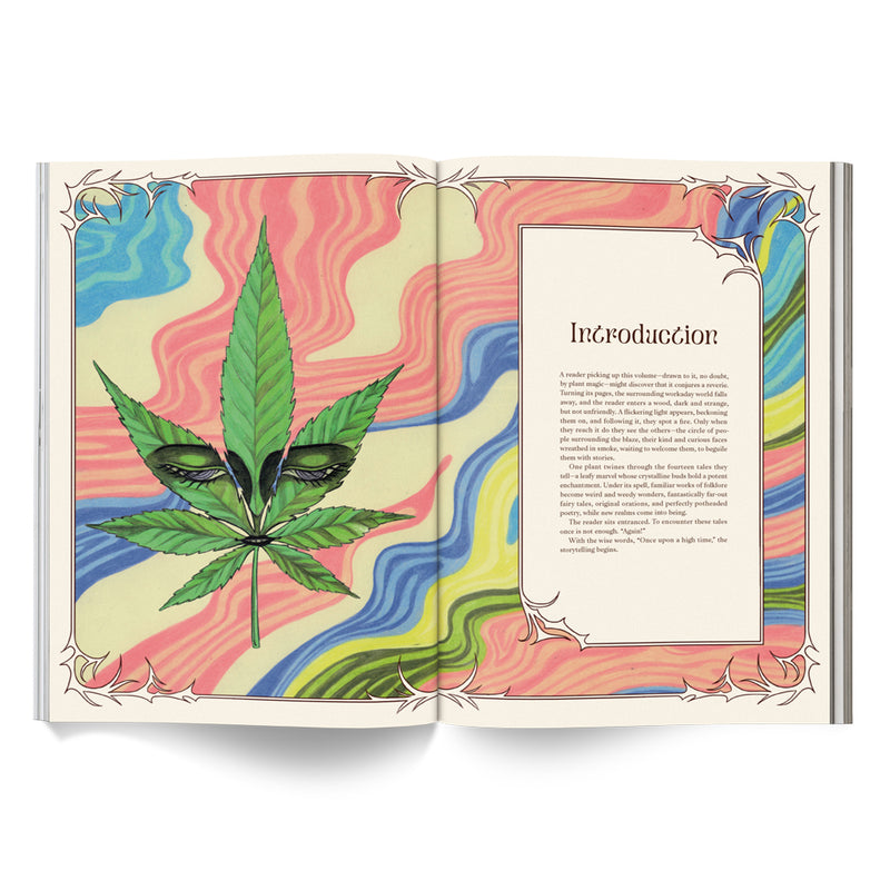 Once Upon a High Time colourful illustration of a marijuana leaf, with 14 weedy fairy tales by 14 different writers. Available now at www.cuemars.com