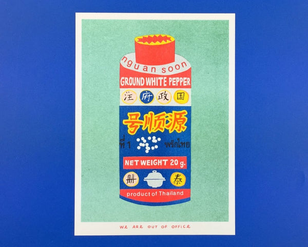 Vibrant risograph print featuring a can of Thai ground white pepper on a bright green background. Designed and printed by Dutch studio We Are Out of Office
