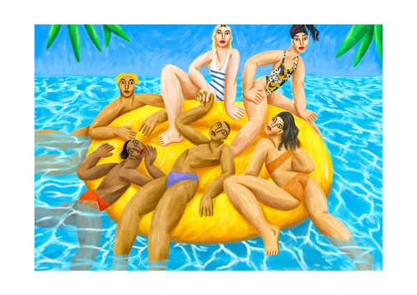 a group of 6 people on top of a yellow inflatable in a pool enjoying a summery day in a range of bikinis and speedos. Illustrated by French artist Ce Pe and available in different sizes at www.cuemars.com