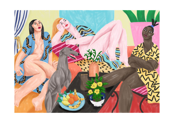 three women and a dog chilling in a very colourful flat. Illustrated by French artist Ce Pe, available in different sizes at www.cuemars.com