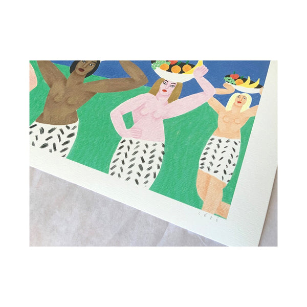 four women topless wearing a black and white skirt holding fruit balls on their heads