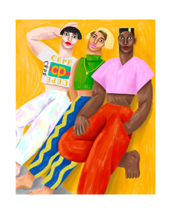 three people lining on a yellow wall wearing colourful clothes, illustrated by french artist ce pe. available at www.cuemars.com