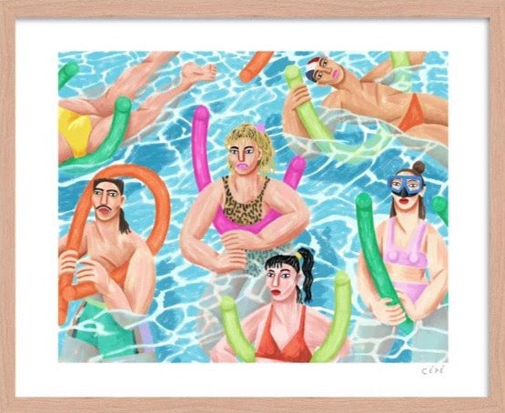 women and men in a swimming pool illustrated by Ce Pe available at Cuemars