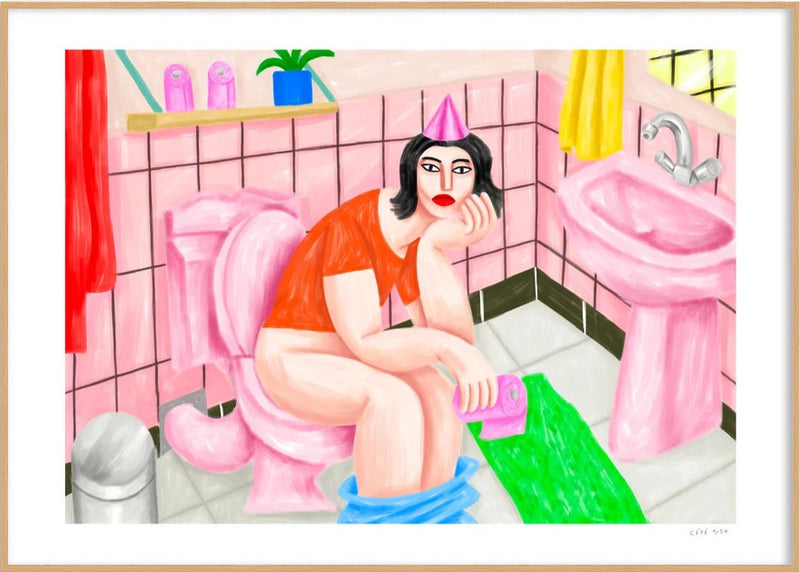 woman on the toilet with a pink mobile phone on her hand and a birthday hat by illustrator Cé Pé available at Cuemars