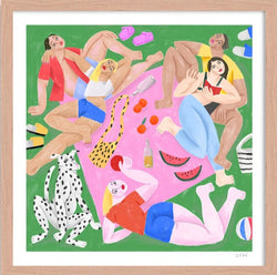 people sunbathing enjoying a picnic on the grass with a dalmatian by illustrator Cé Pé, available at Cuemars