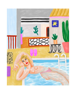 topless woman in a pool surrounded by cacti and colourful homeware. illustrated by French artist ce pe. available at www.cuemars.com