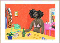 colourful illustration of a woman sitting down at home enjoying her day off, illustrated by Ce Pe, available at Cuemars