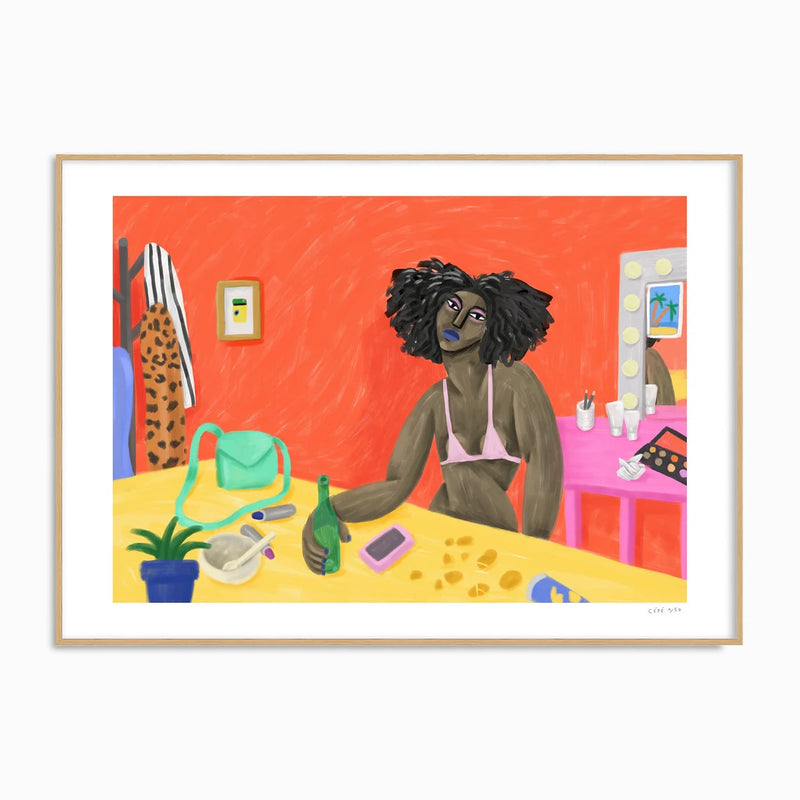 colourful illustration of a woman sitting down at home enjoying her day off, illustrated by Ce Pe, available at Cuemars