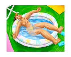 topless woman soaking on sun rays relaxing inside an inflatable pool, by french illustration ce pe. available at www.cuemars.com