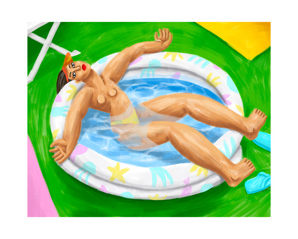topless woman soaking on sun rays relaxing inside an inflatable pool, by french illustration ce pe. available at www.cuemars.com