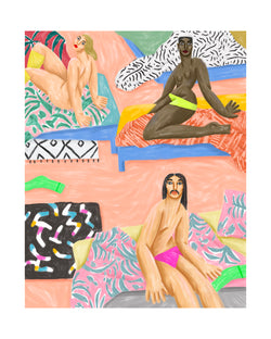 three people sunbathing on the beach in bright colourful towels, illustrated by ce pe. aavailable at www.cuemars.com
