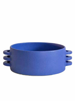 blue fruit bowl with three horizontal handles handmade by ceramics by laura