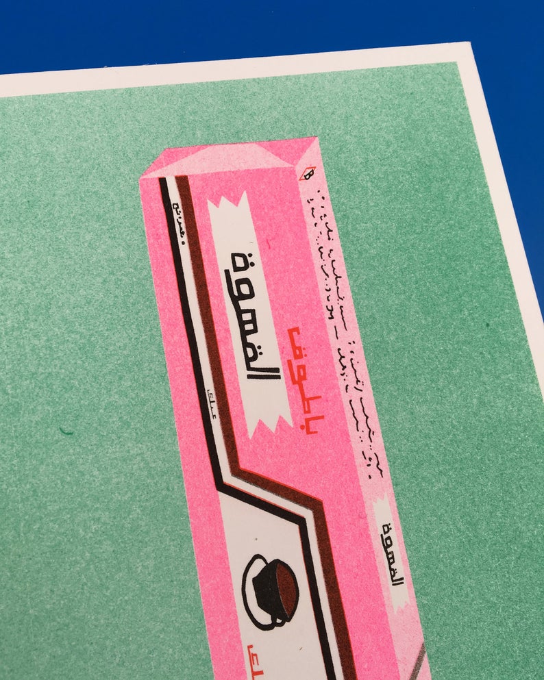 Close up image of a Japanese inspired risograph print featuring a package of coffee gum by Utrecht based We are out of office available now at Cuemars