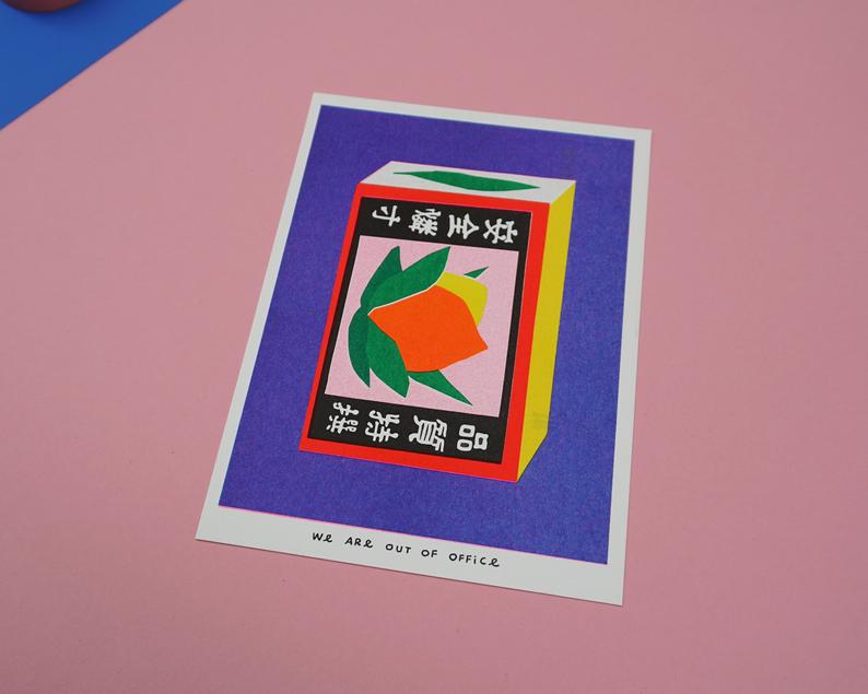 close up picture of a Japanese inspired risograph print featuring a package of matchstick box by Utrecht based We are out of office available now at Cuemars