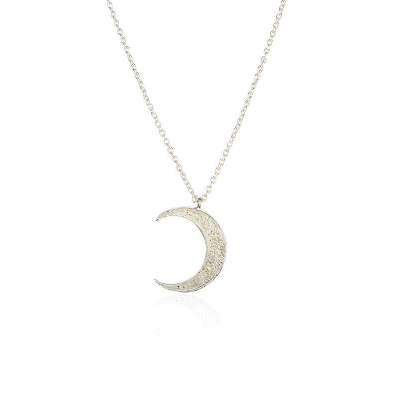 crescent moon necklace with intricate details of the moon craters made by hand by Japanese designer Momocreatura