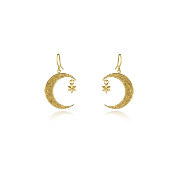 Detailed gold plated crescent moon earrings with hand carved craters and a pendant gold plated star. Designed and made by Momocreatura in London.