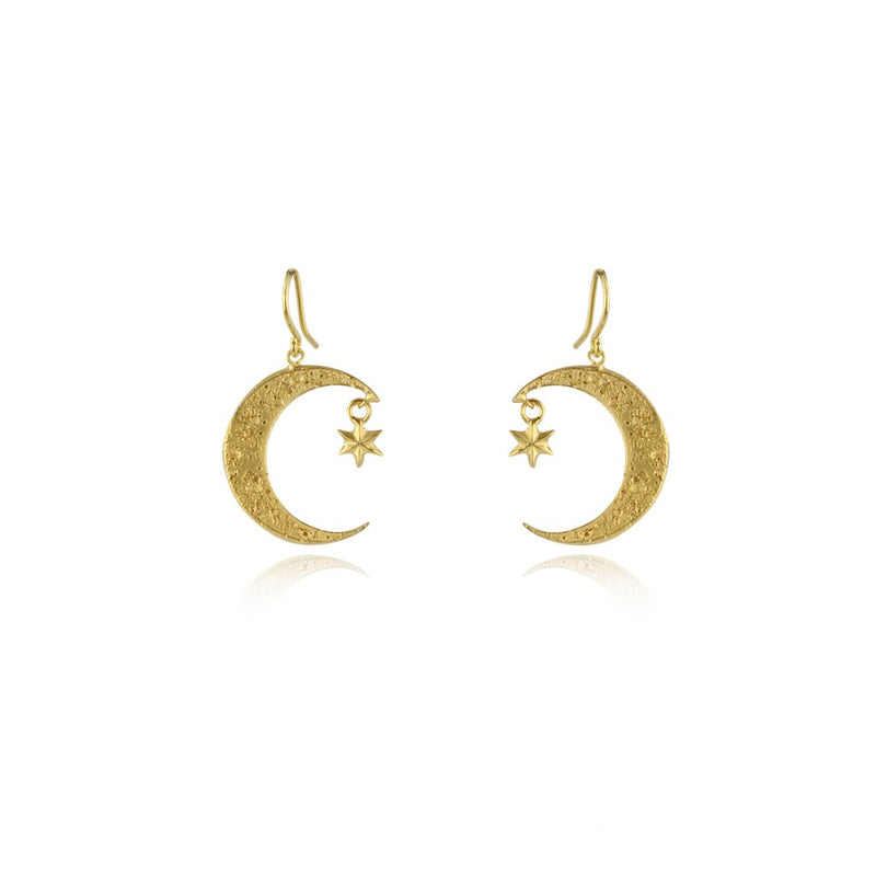 Detailed gold plated crescent moon earrings with hand carved craters and a pendant gold plated star. Designed and made by Momocreatura in London.