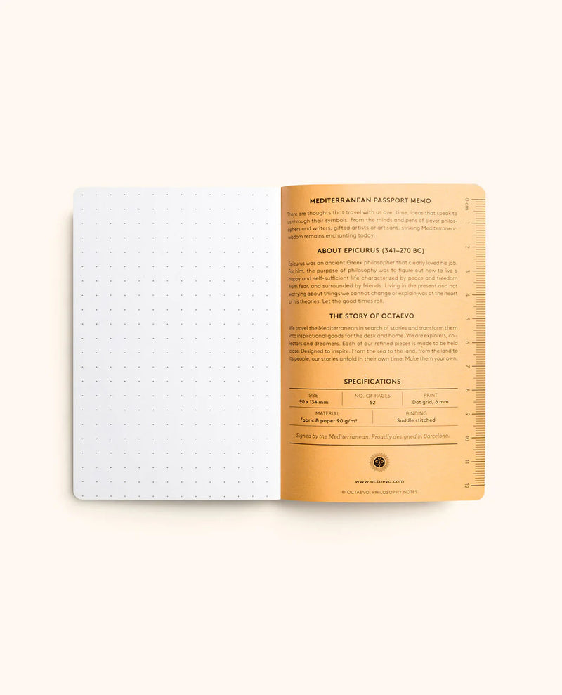 Orange small notebook with some information about the philosopher Epicurus, designed by Octaevo. Available at www.cuemars.com