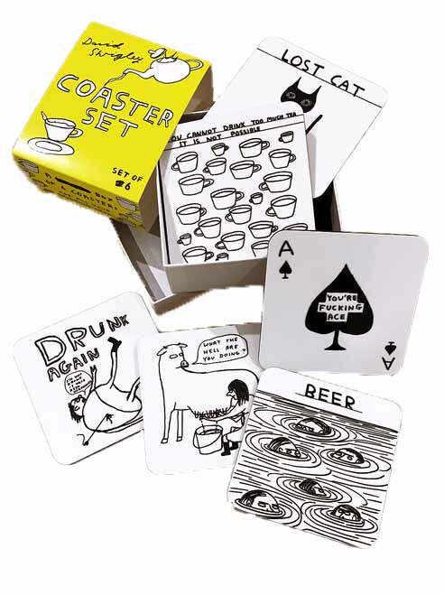 white box with illustrated yellow belly band that says David Shrigley Coaster Set of 6
