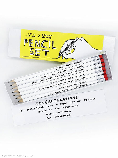set of 7 pencils with a message from the manufacturer. Illustrated by David Shrigley