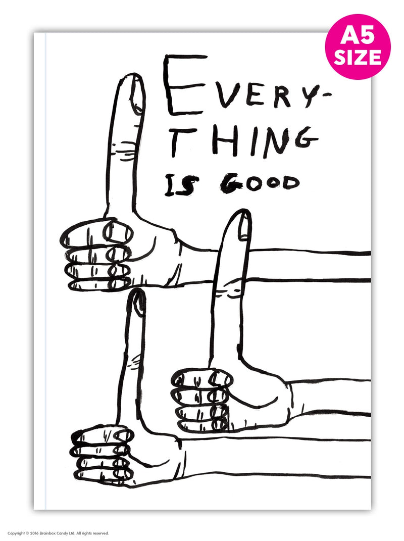 a5 notebook illustrated by david shrigley showcasing 3 hands with big thumbs up with the typography Everything Is Good, available to purchase at cuemars.com