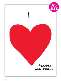 a5 notebook illustrated by david shrigley showcasing a red heart with the typography I love people and things, available to purchase at cuemars.com