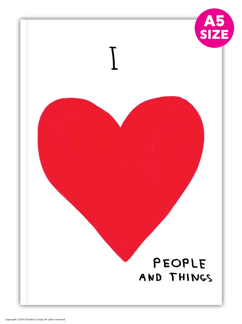 a5 notebook illustrated by david shrigley showcasing a red heart with the typography I love people and things, available to purchase at cuemars.com