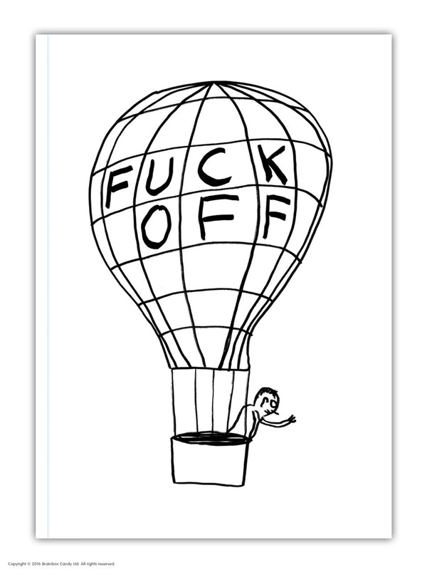 a6 notebook illustrated by david shrigley showcasing an air balloon, a person waiving goodbye and the typography Fuck OFf available to purchase at cuemars.com