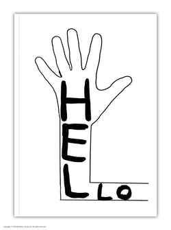 An arm with the typography Hello inside. Black and white illustration by David Shrigley