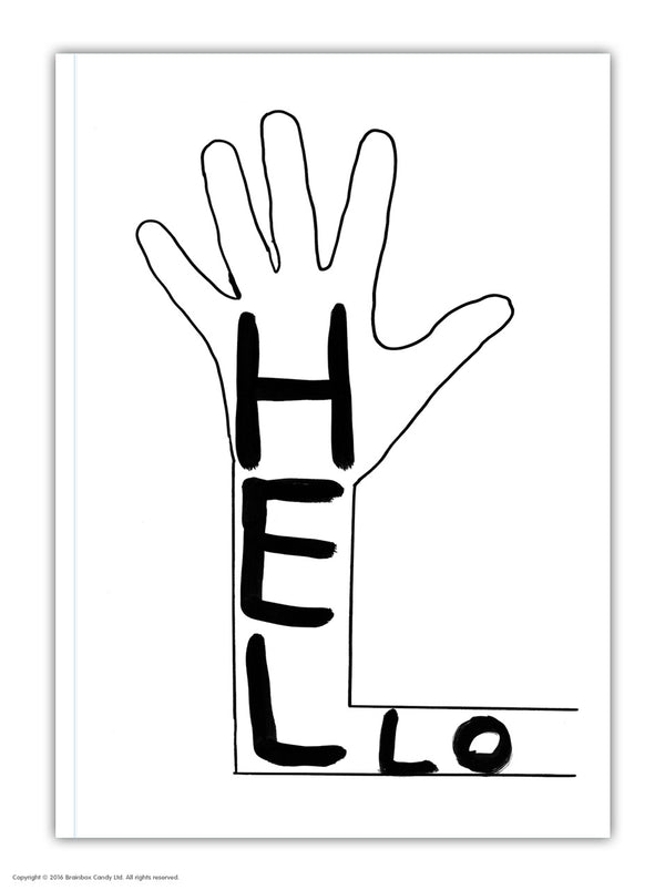 An arm with the typography Hello inside. Black and white illustration by David Shrigley