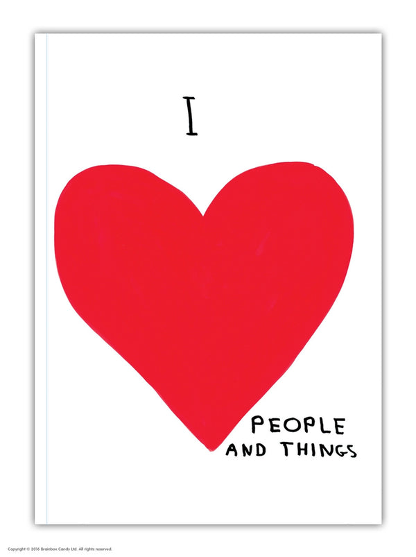 a6 notebook illustrated by david shrigley showcasing a big red heart with the typography I love people and things, available to purchase at cuemars.com