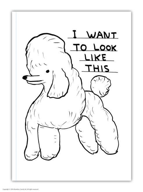 A poodle with the typography I want to look like this. Black and white illustration by David Shrigley