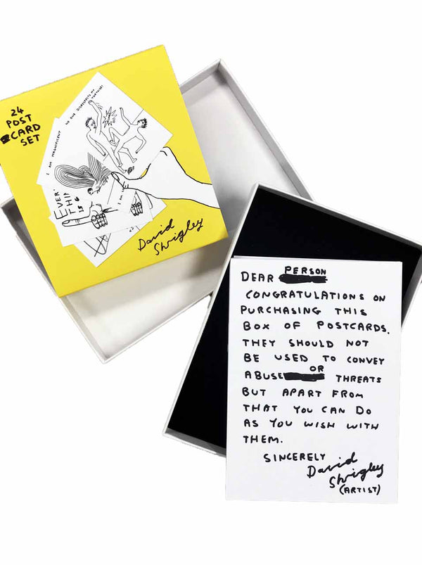 white and yellow postcard set box by David Shrigley
