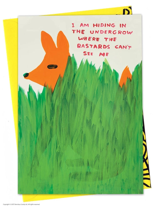 an orange fox hidden behind grass greeting card with the typography I am hiding in the undergrow where the bastards can't see me by David Shrigley, available to purchase at cuemars.com