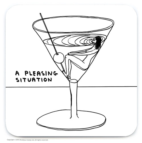 A woman inside a martini cocktail with the text A pleasing situation. Black and white coaster illustrated by Scottish artist David Shrigley